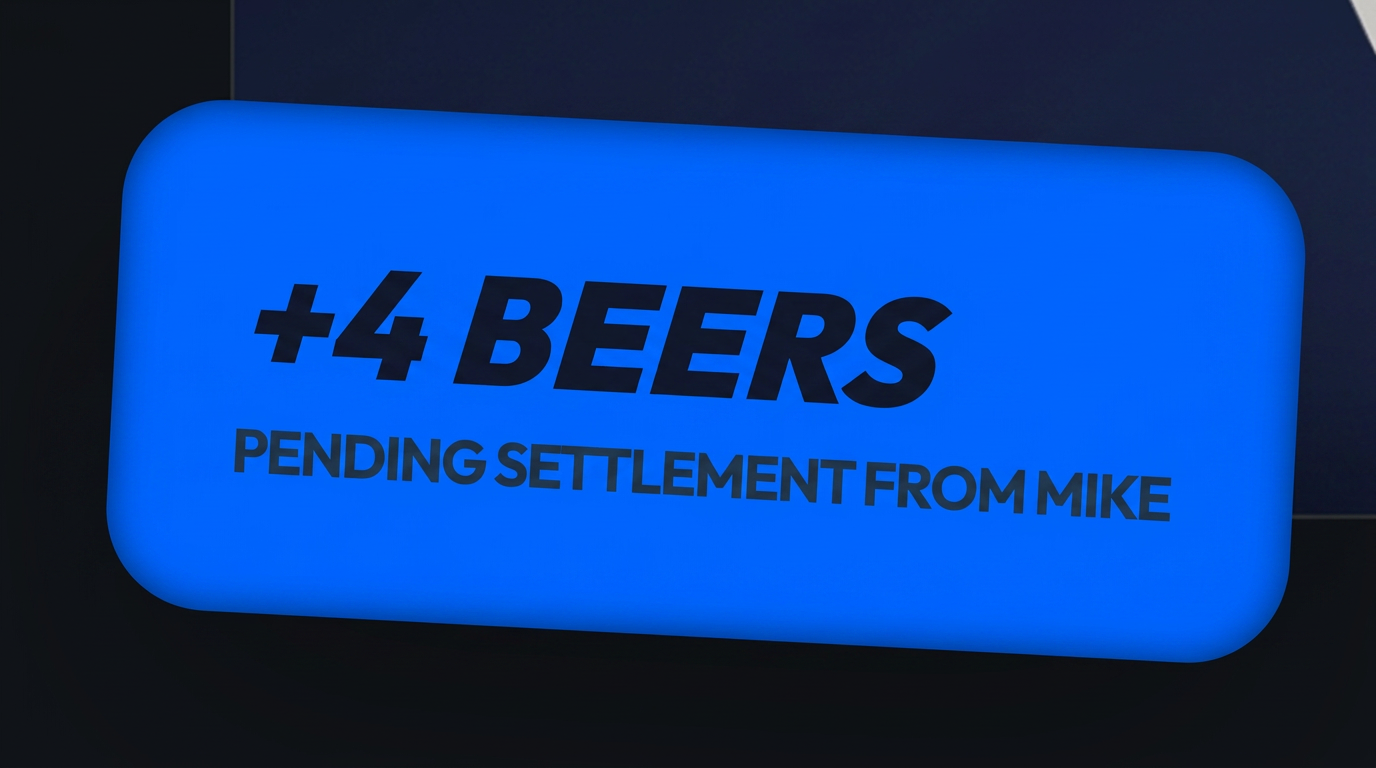 Blue challenge card showing plus four beers pending settlement from Mike