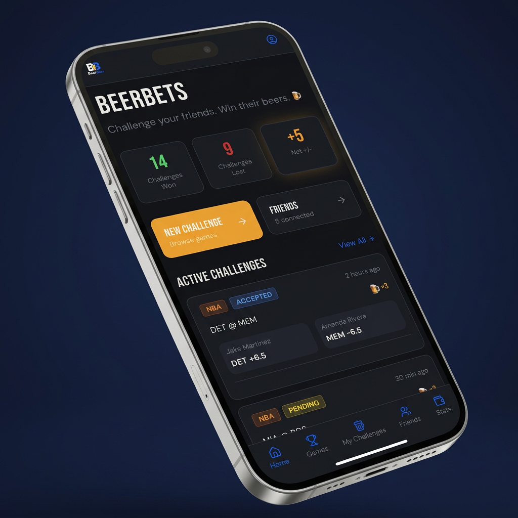 BeerBets app home screen showing challenge stats and active challenges